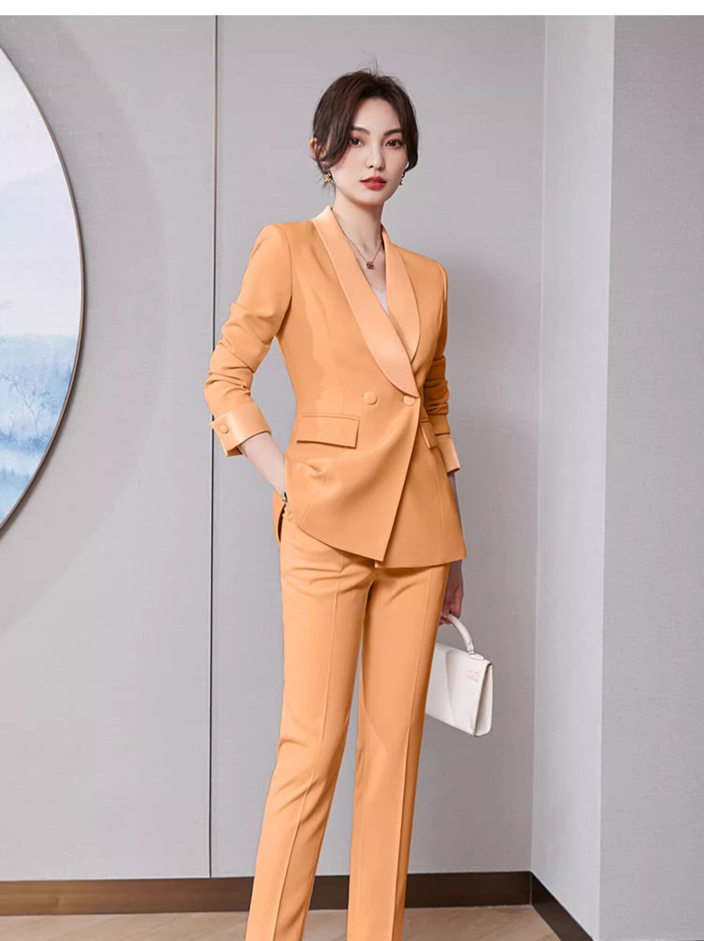 Orange/ White Trendy Pantsuit, Designer Women sleeved slim cut Suit Jacket + Pants, Smart Causal/ Formal suit / Party/ Prom Wedding suit