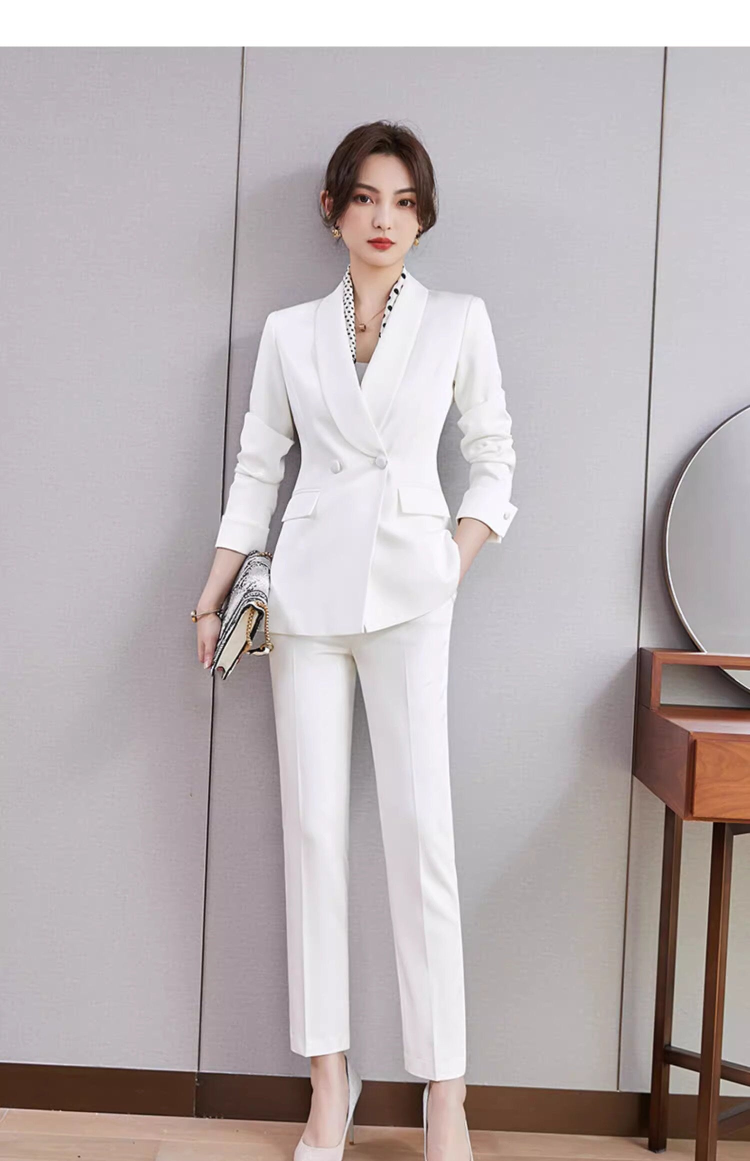 Orange/ White Trendy Pantsuit, Designer Women sleeved slim cut Suit Jacket + Pants, Smart Causal/ Formal suit / Party/ Prom Wedding suit