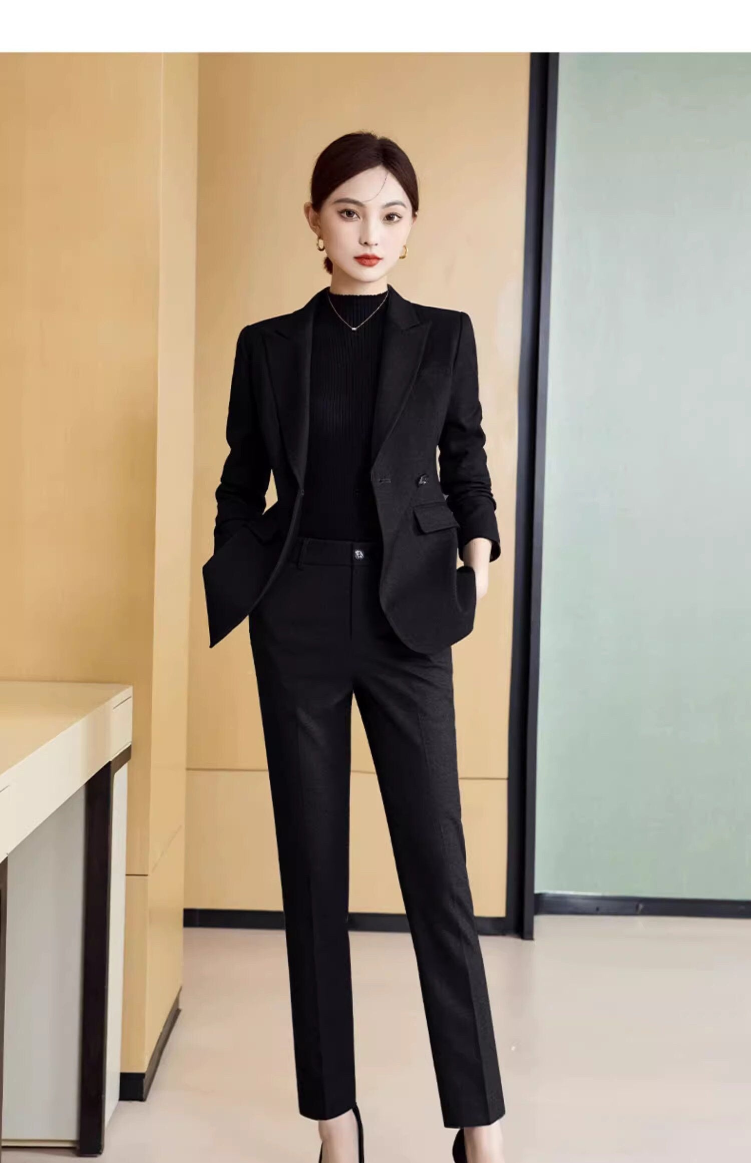 Rose red/ black Trendy Pantsuit, Designer Women sleeved Suit Jacket/ Blazer + Pants, Formal suit/ Party Event/ Prom Wedding suit