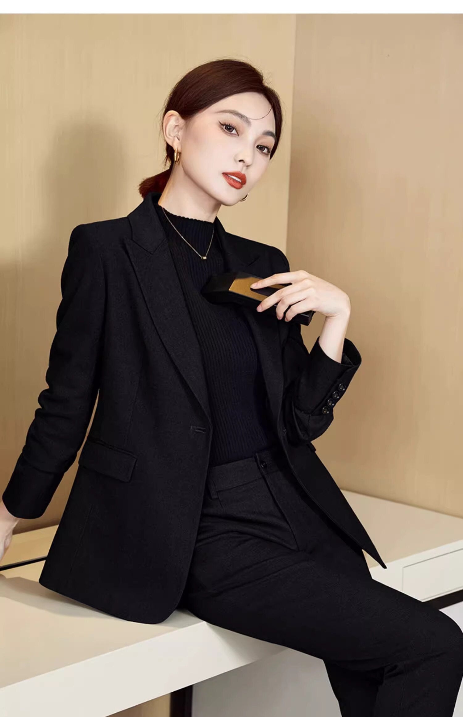 Rose red/ black Trendy Pantsuit, Designer Women sleeved Suit Jacket/ Blazer + Pants, Formal suit/ Party Event/ Prom Wedding suit