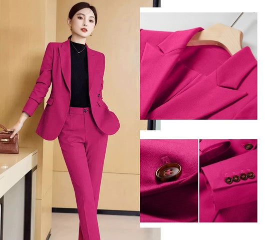 Rose red/ black Trendy Pantsuit, Designer Women sleeved Suit Jacket/ Blazer + Pants, Formal suit/ Party Event/ Prom Wedding suit