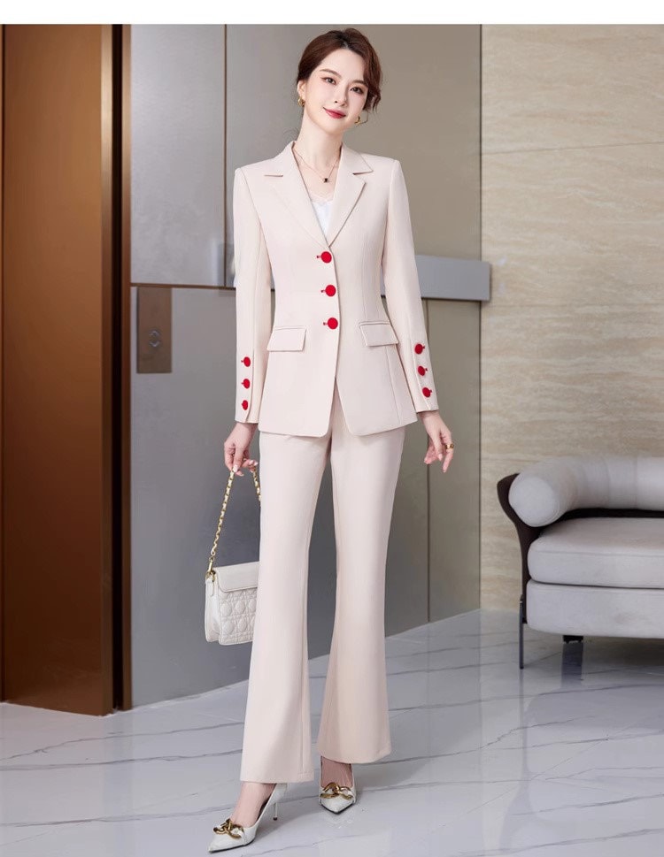 Apricot/ Black Trendy Pantsuit, Designer Women red buttons plus sized Suit Jacket + Pants, modern Formal suit / Party/ Prom Wedding suit