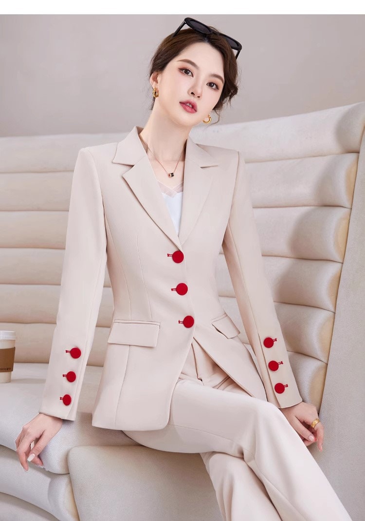 Apricot/ Black Trendy Pantsuit, Designer Women red buttons plus sized Suit Jacket + Pants, modern Formal suit / Party/ Prom Wedding suit