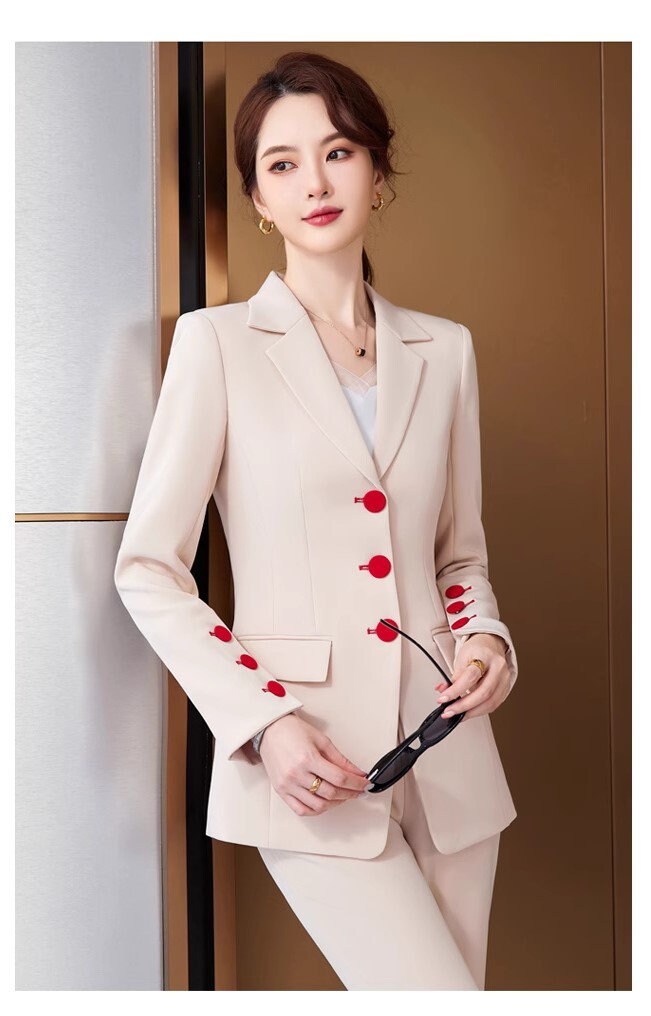 Apricot/ Black Trendy Pantsuit, Designer Women red buttons plus sized Suit Jacket + Pants, modern Formal suit / Party/ Prom Wedding suit