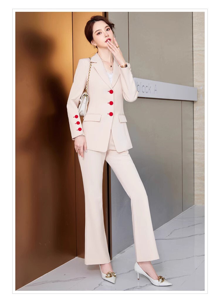 Apricot/ Black Trendy Pantsuit, Designer Women red buttons plus sized Suit Jacket + Pants, modern Formal suit / Party/ Prom Wedding suit