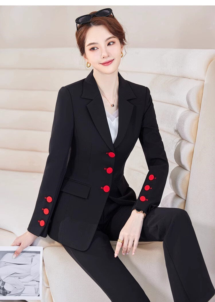 Apricot/ Black Trendy Pantsuit, Designer Women red buttons plus sized Suit Jacket + Pants, modern Formal suit / Party/ Prom Wedding suit