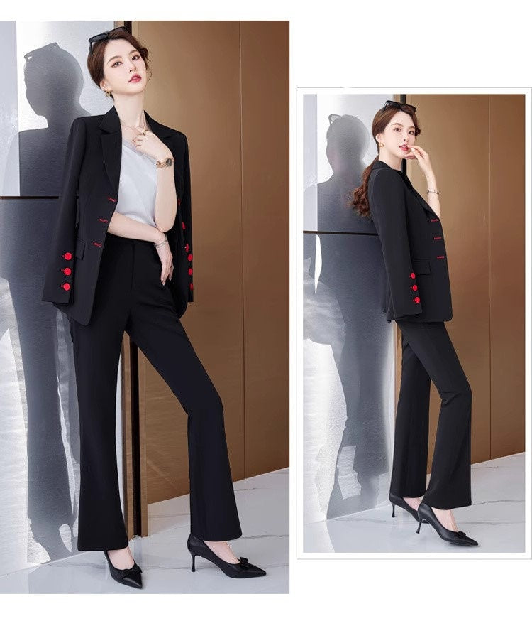 Apricot/ Black Trendy Pantsuit, Designer Women red buttons plus sized Suit Jacket + Pants, modern Formal suit / Party/ Prom Wedding suit