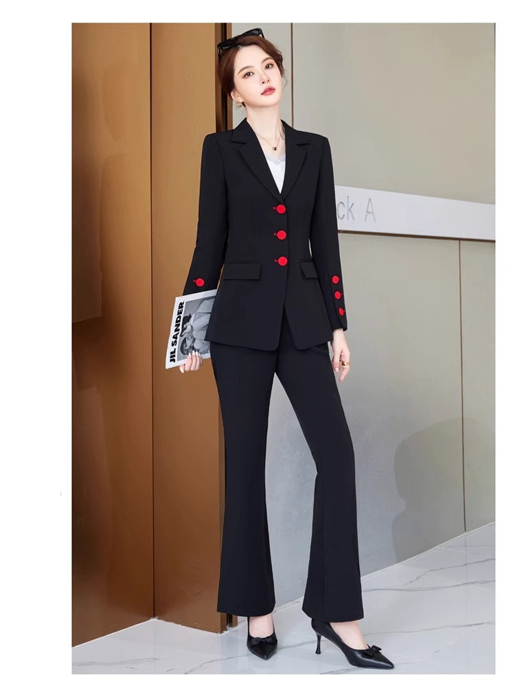 Apricot/ Black Trendy Pantsuit, Designer Women red buttons plus sized Suit Jacket + Pants, modern Formal suit / Party/ Prom Wedding suit