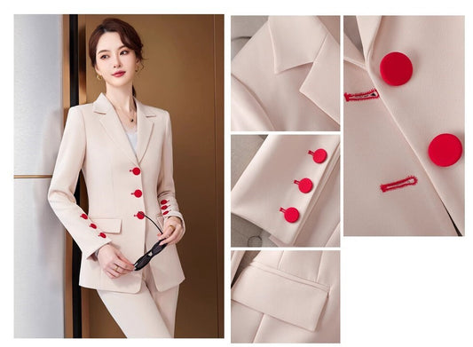 Apricot/ Black Trendy Pantsuit, Designer Women red buttons plus sized Suit Jacket + Pants, modern Formal suit / Party/ Prom Wedding suit