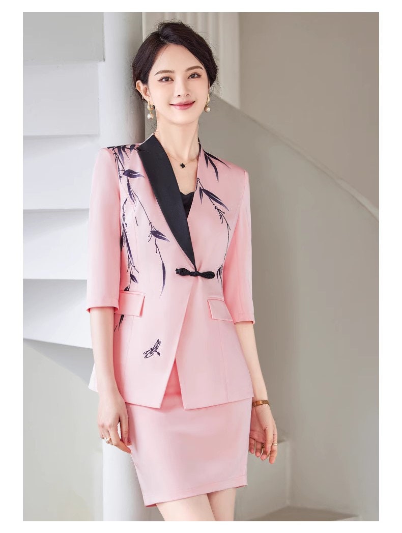 Pink/ White Oriental styled Pantsuit/ Dress suit, Designer Women Suit Jacket + Pants/ Skirt, Formal suit/ Party/ Prom Wedding suit