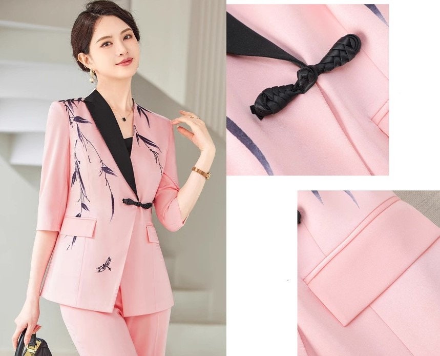 Pink/ White Oriental styled Pantsuit/ Dress suit, Designer Women Suit Jacket + Pants/ Skirt, Formal suit/ Party/ Prom Wedding suit