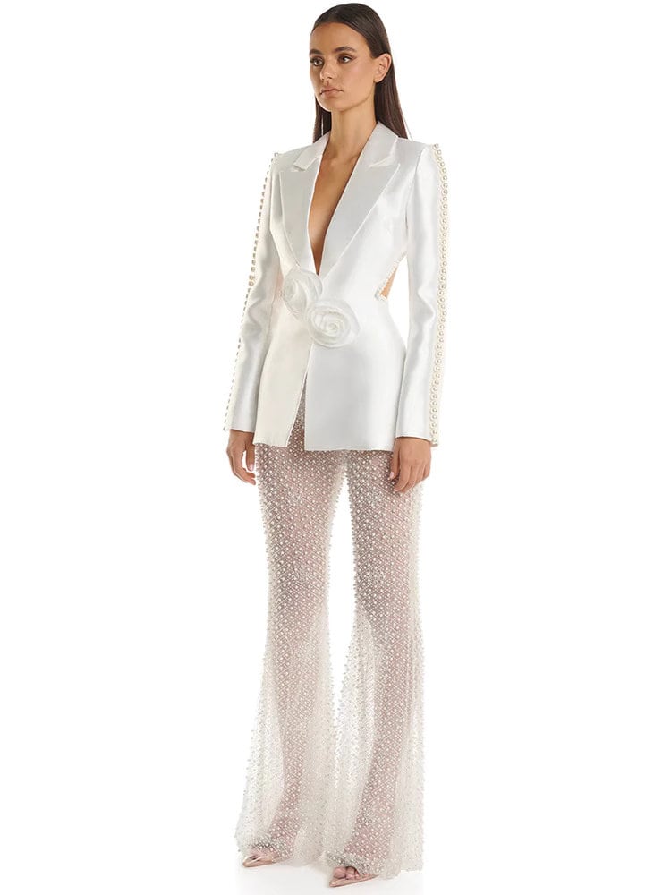 Glossy beaded sleeves suit jacket + see through pants, designer woman sexy pantsuit floral decorated for party wedding formal suit set