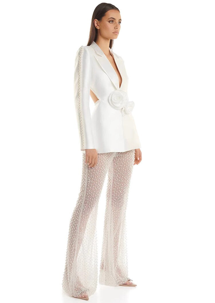 Glossy beaded sleeves suit jacket + see through pants, designer woman sexy pantsuit floral decorated for party wedding formal suit set