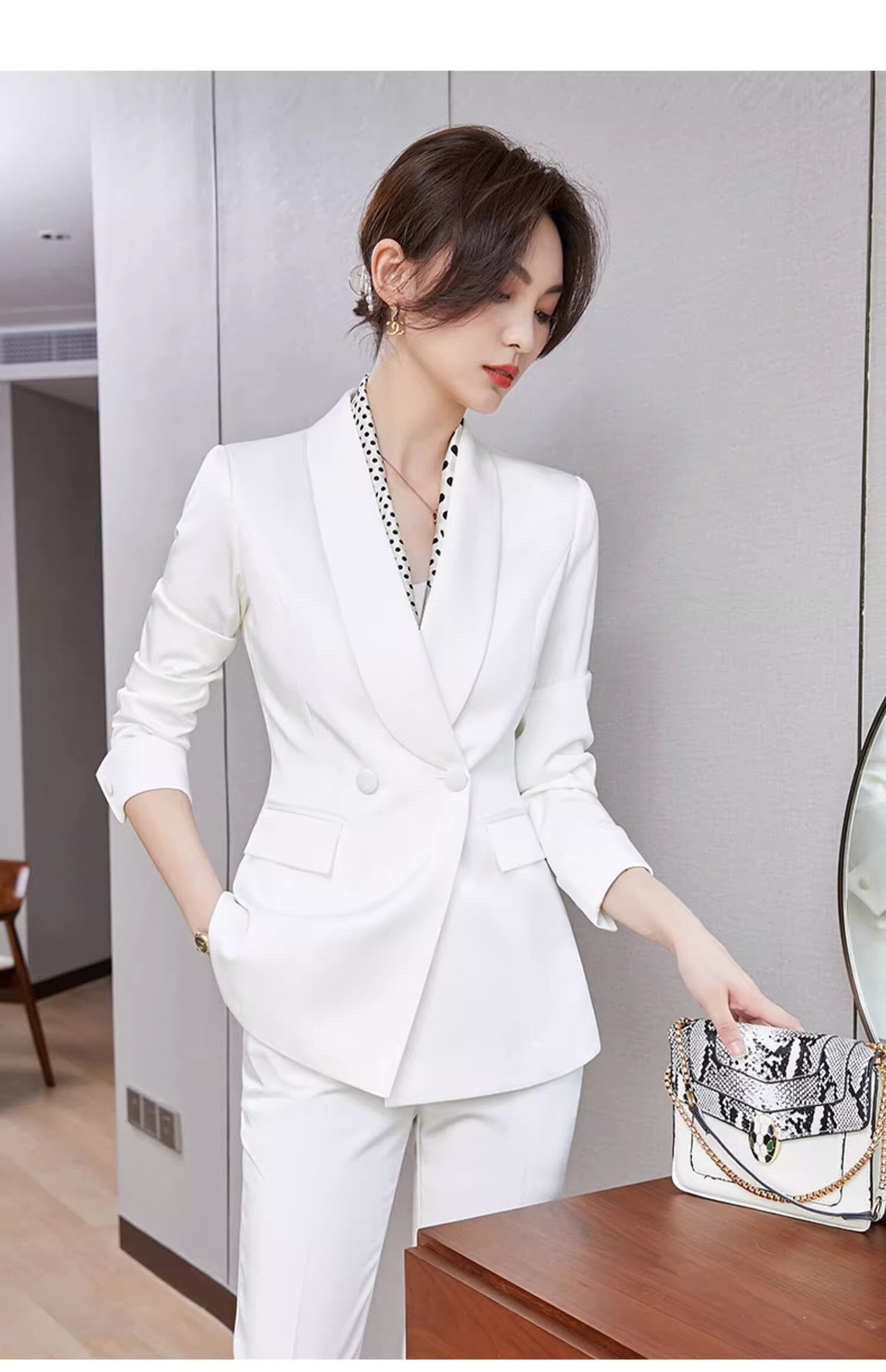 Orange/ White Trendy Pantsuit, Designer Women sleeved slim cut Suit Jacket + Pants, Smart Causal/ Formal suit / Party/ Prom Wedding suit