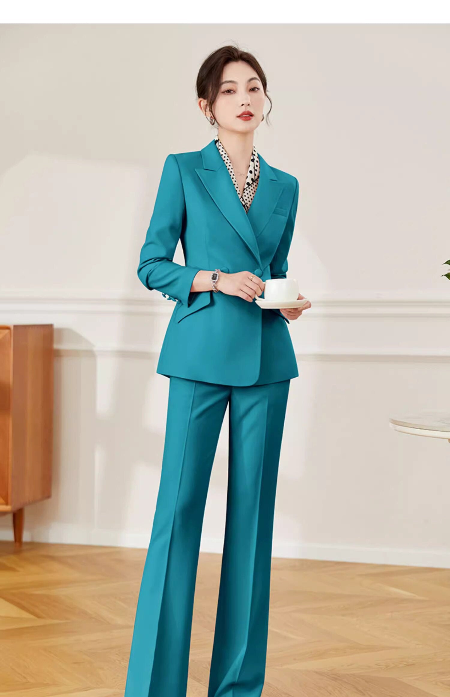 Peacock blue/ Pink/ Black Trendy Pantsuit, Designer Women sleeved Suit Jacket + Pants, Smart Causal/ Formal/ Party/ Prom Wedding suit