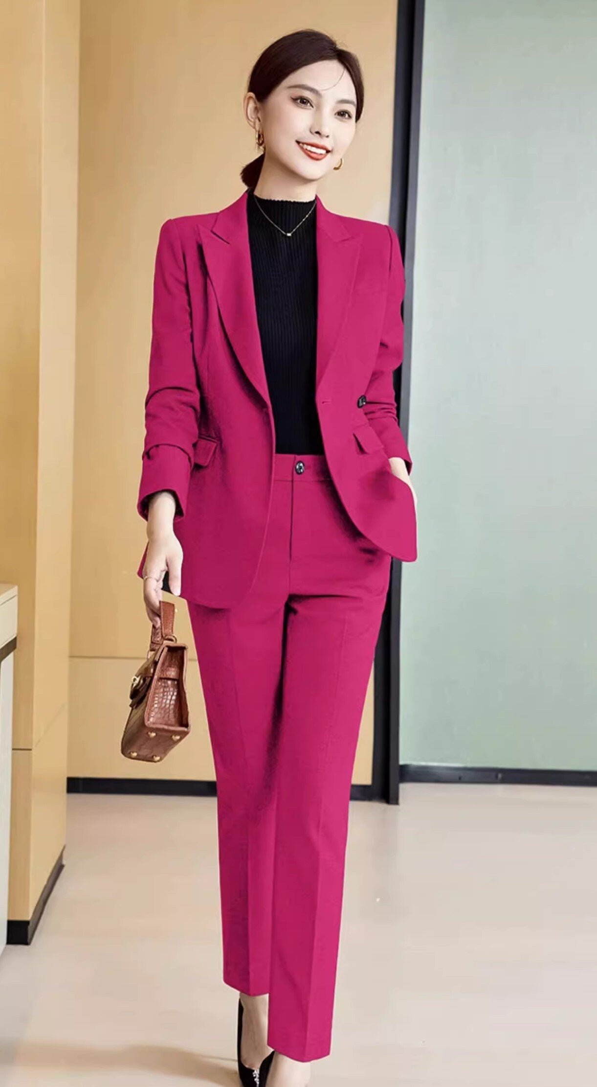 Rose red/ black Trendy Pantsuit, Designer Women sleeved Suit Jacket/ Blazer + Pants, Formal suit/ Party Event/ Prom Wedding suit