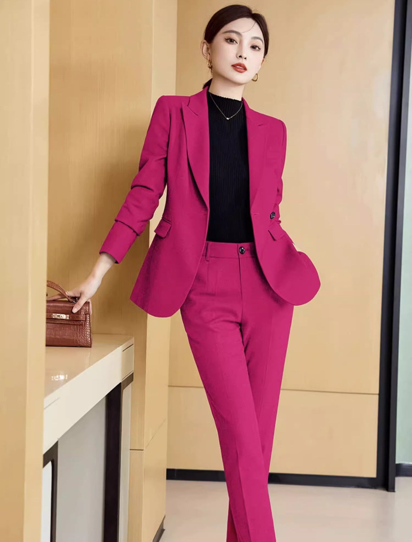 Rose red/ black Trendy Pantsuit, Designer Women sleeved Suit Jacket/ Blazer + Pants, Formal suit/ Party Event/ Prom Wedding suit