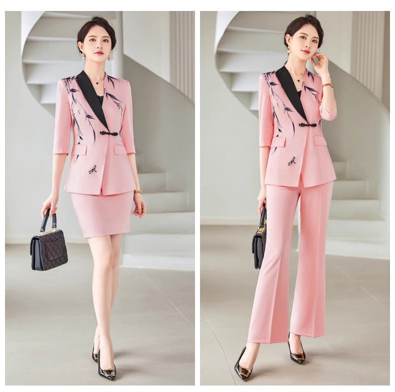 Pink/ White Oriental styled Pantsuit/ Dress suit, Designer Women Suit Jacket + Pants/ Skirt, Formal suit/ Party/ Prom Wedding suit