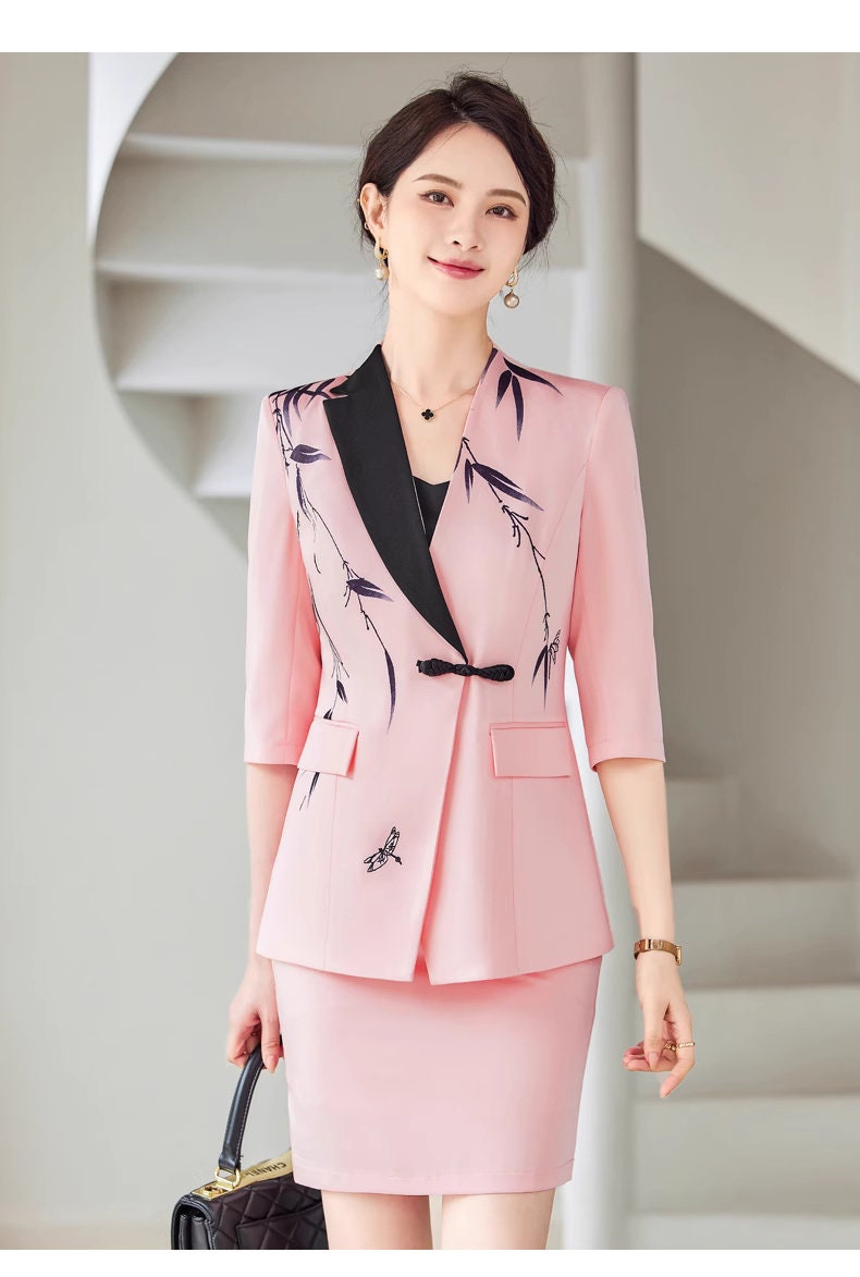 Pink/ White Oriental styled Pantsuit/ Dress suit, Designer Women Suit Jacket + Pants/ Skirt, Formal suit/ Party/ Prom Wedding suit