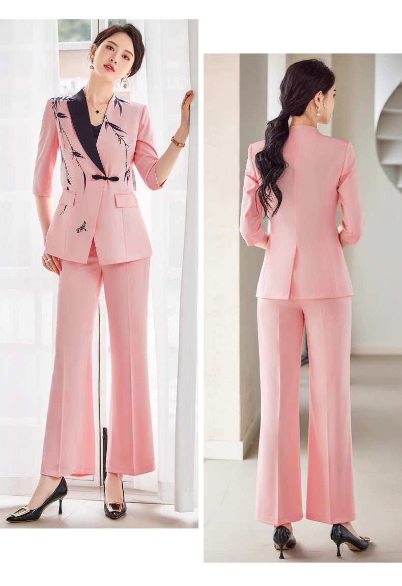 Pink/ White Oriental styled Pantsuit/ Dress suit, Designer Women Suit Jacket + Pants/ Skirt, Formal suit/ Party/ Prom Wedding suit