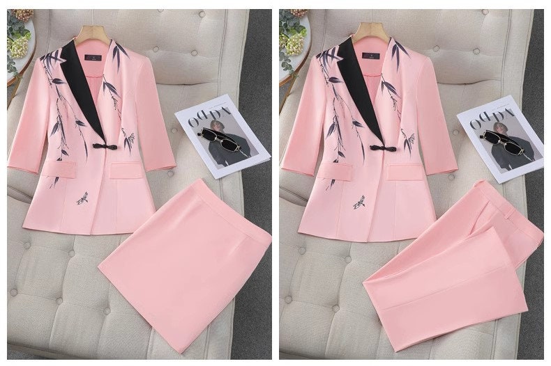 Pink/ White Oriental styled Pantsuit/ Dress suit, Designer Women Suit Jacket + Pants/ Skirt, Formal suit/ Party/ Prom Wedding suit