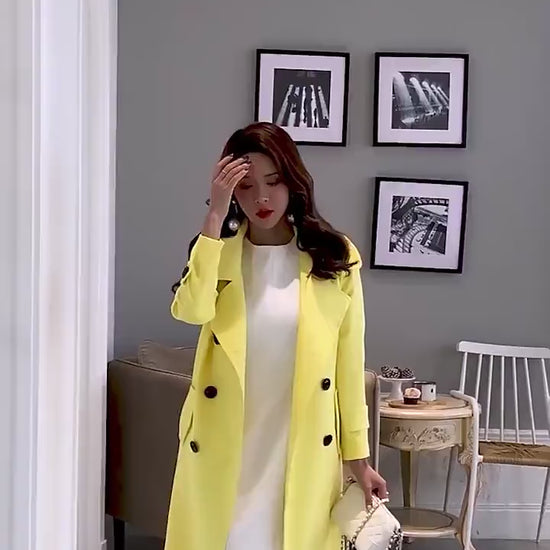 Yellow slim cut trench coat, designer woman minimalist long coat , Smart Causal/ Formal/ Party Event/ Prom Wedding/Gift