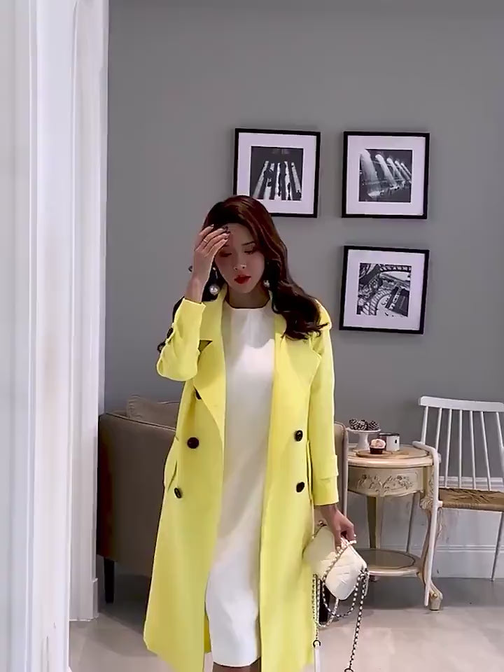 Yellow slim cut trench coat, designer woman minimalist long coat , Smart Causal/ Formal/ Party Event/ Prom Wedding/Gift