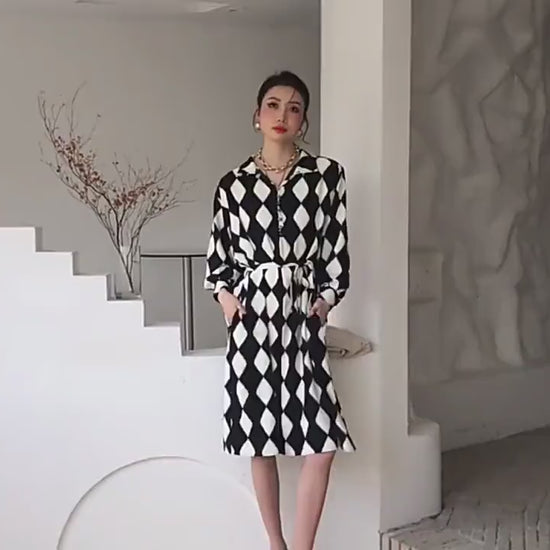 Arty one-piece dress checked design, designers evening dress in classic geometry style, trendy woman top for casual / formal