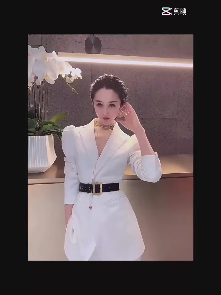 Woman white pantsuit, designer tied-waist puff-sleeve blazer + pants with belt minimalist style  formal work office wedding event party gift